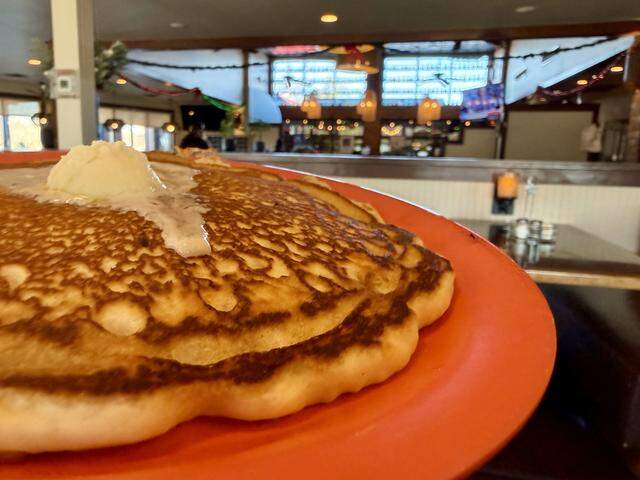 A made-to-order pancake at the Beacon Cafe weekend breakfast and brunch buffet in shared space with Fresco’s Cocina in Watauga, Texas, Feb. 7, 2026.